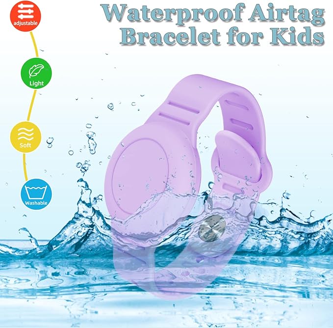 Kids Waterproof Airtag Bracelet Compatible with Apple AirTag, Hidden Silicon Protective Case for Air Tag GPS Tracker Holder, Adjustable Anti-Lost Watch Band for Toddler Child (Purple)