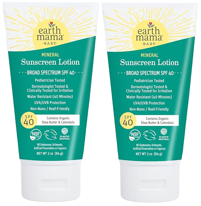 Earth Mama Baby Mineral Sunscreen Lotion SPF 40 | Non-Nano Zinc, Natural Water Resistant Sun Cream for Babies, Kids & Adults, 3-Ounce (2-Pack)