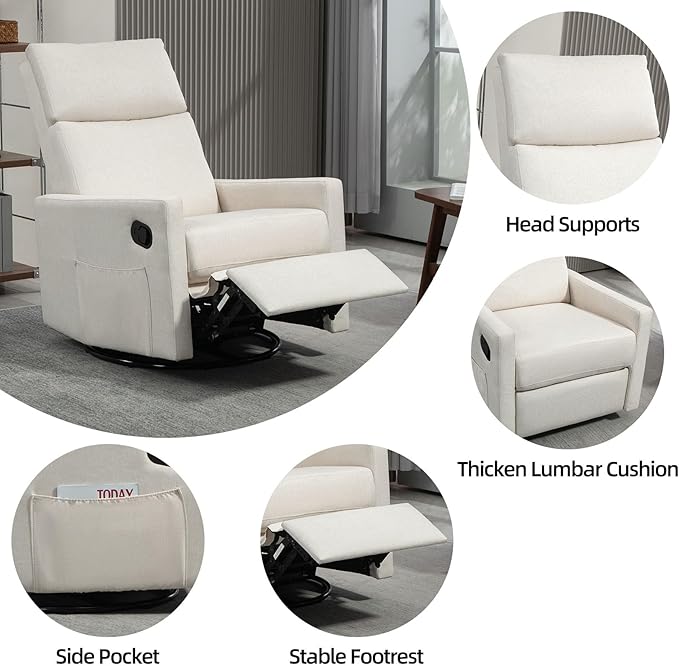 Swivel Rocker Recliner Chairs Set of 2, Upholstered Fabric Nursery Rocking Glider Chair with Adjustable Backrest and Footrest, Lay Flat Recliner Single Lazy Sofa for Living Room(Beige)