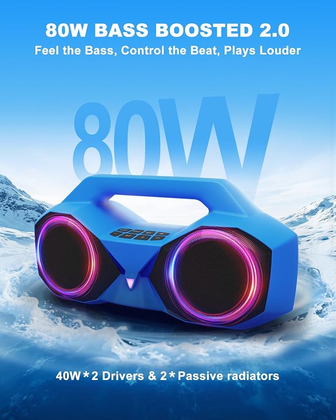 Bluetooth Speaker 80W(Peak)Loud with Bass, 20H Playtime, IPX7 Waterproof, RGB Lights, TWS, Large Portable Wireless Speakers for Outdoor, Home, Party, Pool, Beach, Tailgating, Gym, Work, Gifts (Blue)