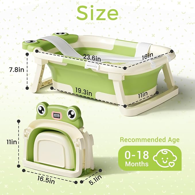 Baby Bathtub, Collapsible Newborn Bathtub for Infant to Toddler 0-24 Months with Soft Cushion and Thermometer,Portable Travel Newborn Tub with No-Slip Feet, Baby Shower Gifts,Green