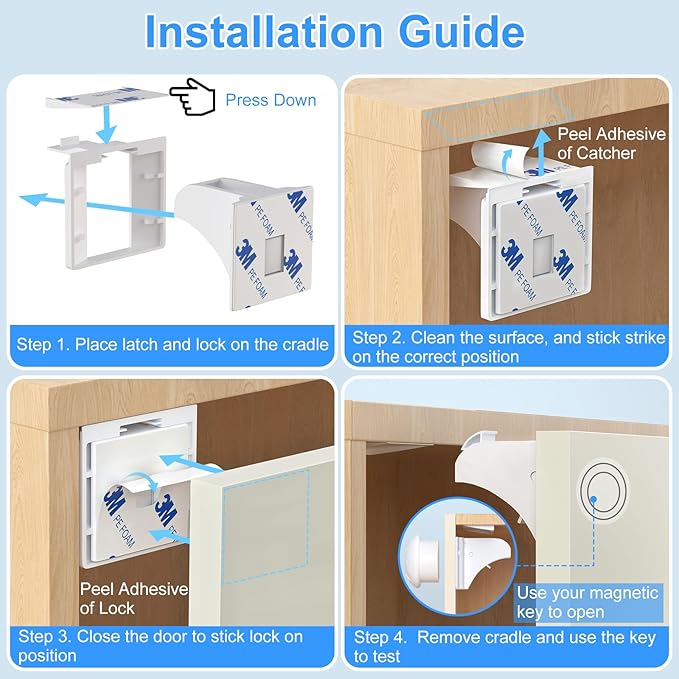 Child Safety Magnetic Cabinet Locks 4 Pack+ Key-AOSITE Baby Proofing Magnetic Drawer Locks for Kitchen with Adhesive No Drilling or Screws Fixed, Baby Safety Cabinet Locks