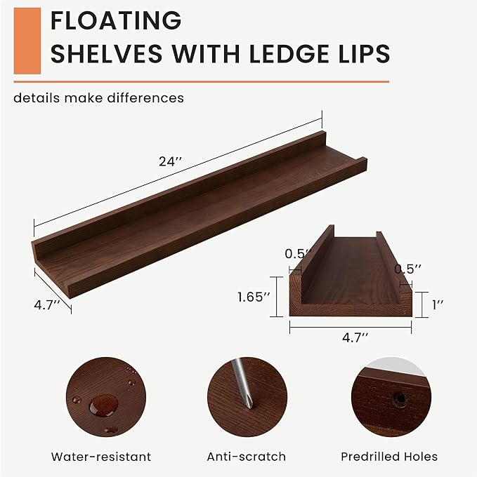 Solid Ash Wood Picture Ledge Shelf, 24 Inch Floating Shelves with Lip Set of 2, Photo Ledge Shelf Nursery Bookshelf Wall Mounted for Living Room Bedroom Decor, Walnut