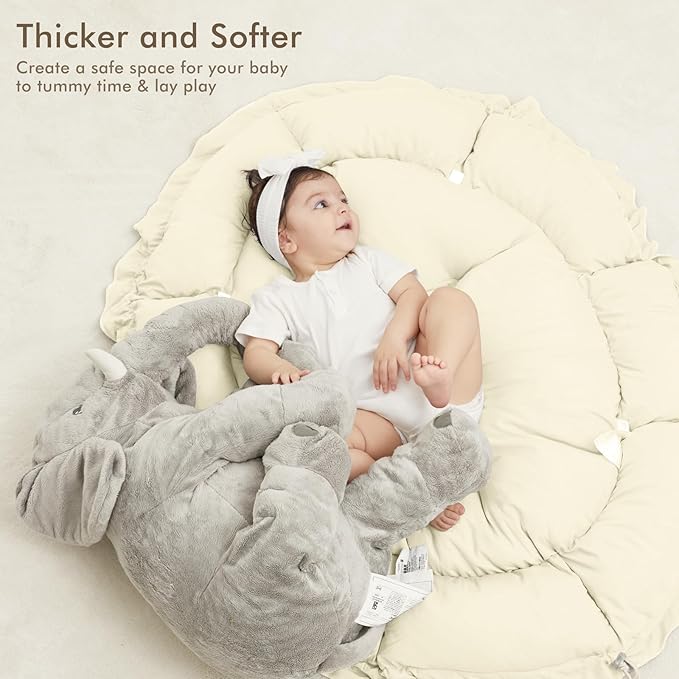 ANGELBLISS 5 in 1 Baby Play Gym Mat, Reversible Tummy Time Mat with 5 Sensory Toys for Stage-Based Developmental, Thick & Large Baby Activity Center from Newborn to Toddler (Beige)