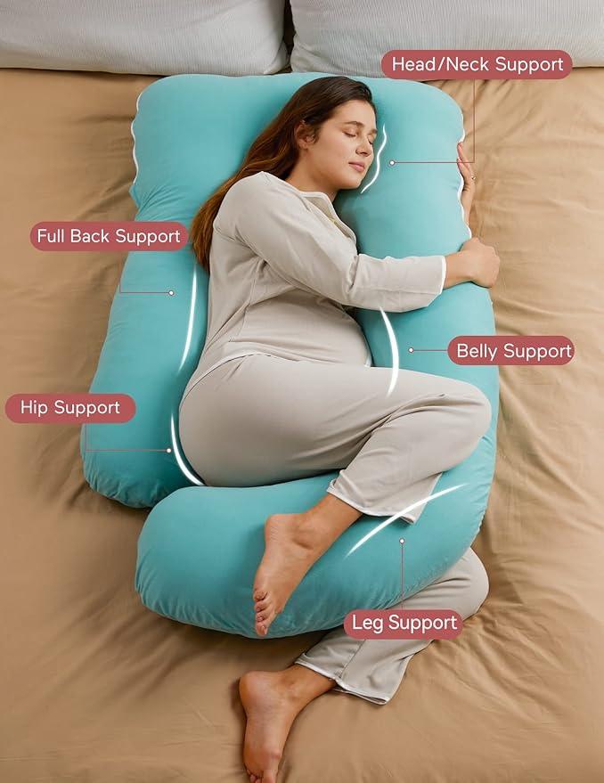 Momcozy U Shaped Pregnancy Pillows with Cotton Removable Cover, 57 Inch Full Body Pillow Maternity Support, Must Have for Pregnant Women, Tiffany Blue