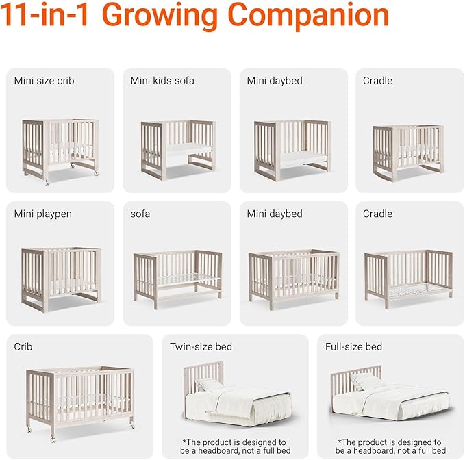 EvoNest Baby Crib, 11 in 1 Convertible Mini Crib with Wheels, 100% New Zealand Wood Growing Bed, 4 Adjustable Mattress Height,Washed Natural