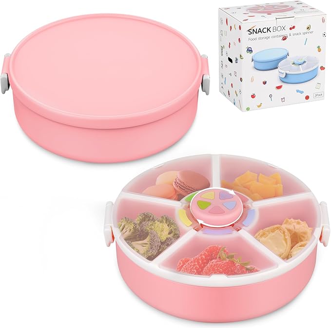 Kids' Rotating Snack Container Set – 2-Pack, Includes 1 Rotating Snack Container & 1 Round Sectioned Snack Box, BPA-Free, Dishwasher Safe, Perfect for Travel-Pink