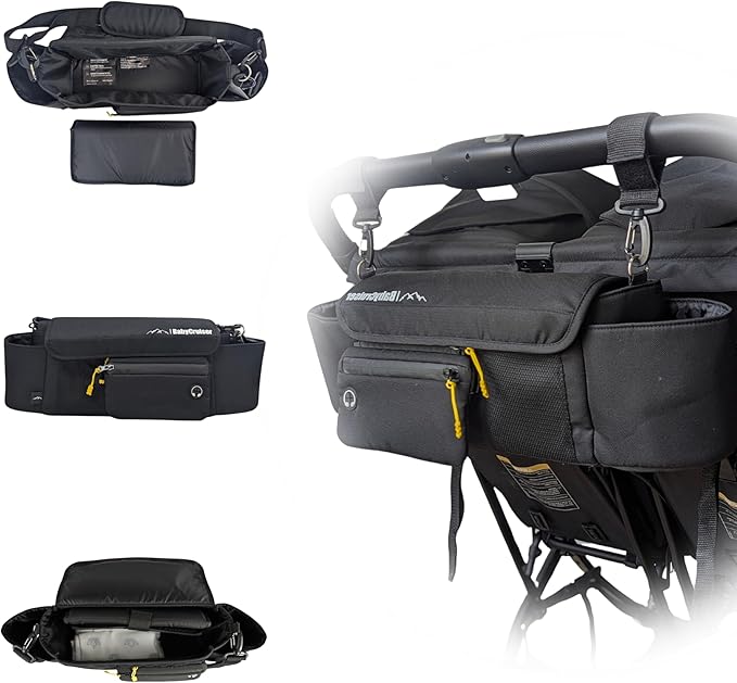 Stroller Caddy Double Stroller Organizer with Cup Holder Phone Pocket Changing Mat Straps Mounted 2 x Stroller Water Bottle Holder