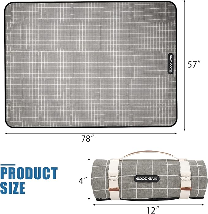 Picnic Outdoor Blankets Waterproof Extra Large - Beach Mat Sand Free Foldable with Carry Strap | Portable Camping Blanket | Park Blanket for Grass Park, Hiking, Travel, Concerts, Indoor (Grey Check)