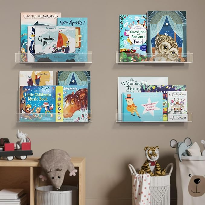 NIUBEE 16.5-Inch Acrylic Floating Bookshelves, 4-Pack, Clear Modern Wall Shelves for Child/Toddler， Invisible Ledge Book Shelves for Multi-Layer or Multi-Room Storage in Kids’ Rooms and Family Spaces