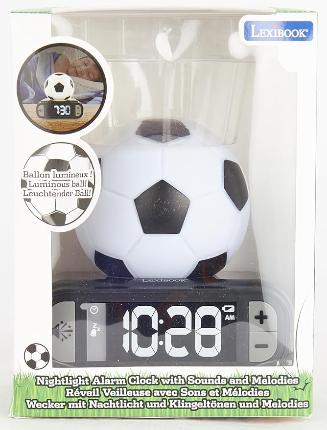 LEXiBOOK - Soccer Ball Digital Alarm Clock with Night Light Snooze, Clock, Luminous Soccer Ball, Black Colour - RL800FO