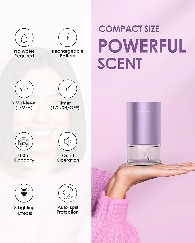 Essential Oil Diffuser Waterless Aromatherapy Diffusers for Home Large Room, Bedroom, Car, Office, Desk, Battery Operated, Small Diffuser for Pure Scent, 100mL Capacity, AN9 (Lavender)