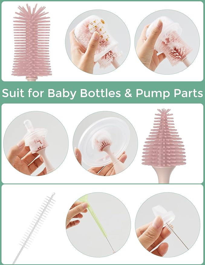 Momcozy Bottle Brush Kit, Innovative Push-Press Design for Better Cleaning - Baby Bottle Cleaner Brush for Baby Bottle, Breast Pumps, Nipples, and More - Can Generate Foam for Better Cleaning, Pink