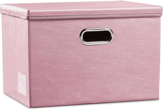 PRANDOM Large Collapsible Storage Box with Lid [1-Pack] Leather Fabric Foldable Storage Bin Organizer Container Basket Cube with Cover for Home Bedroom Closet Office Nursery Pink (17.7x11.8x11.8)