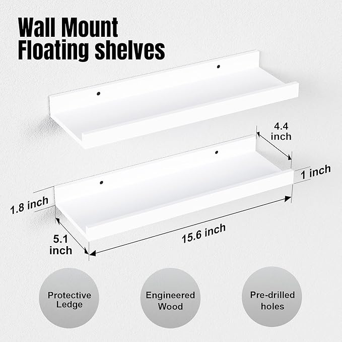 Floating Shelves Wall Mounted Set of 2, Modern White Shelves for Bedroom, Nursery Shelves with Lip, Display Picture Ledge Shelf for Wall Decor Living Room Bathroom Kitchen - White