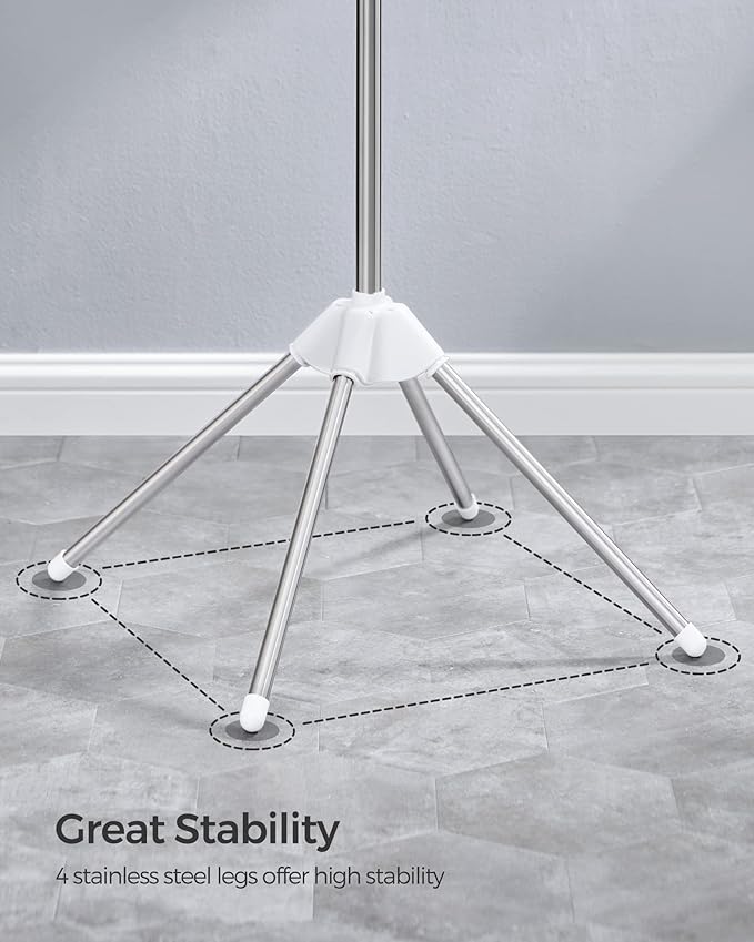 SONGMICS Clothes Drying Rack, 59-Inch Folding Laundry Drying Rack with 3 Rotatable Arms for Hangers, 4 Legs, Stainless Steel, for 27 Pieces of Clothes, White and Silver ULLR510W01