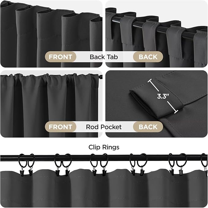 Joydeco 72 Inch Blackout Curtains for Bedroom, Thermal Insulated Black Out Curtains, Room Darkening Drapes for Living Room Window Rod Pocket Back Tab (W52 x L72 Inch, Dark Grey)