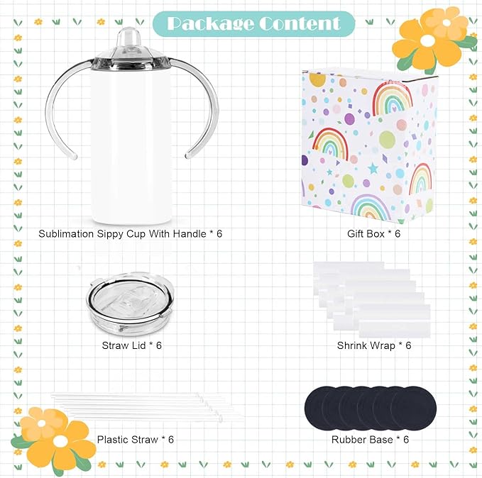 12 Oz Sublimation Sippy Cup 6 Pack, Kids Sublimation Sippy Tumblers, Stainless Steel Sublimation Todder Water Bottle
