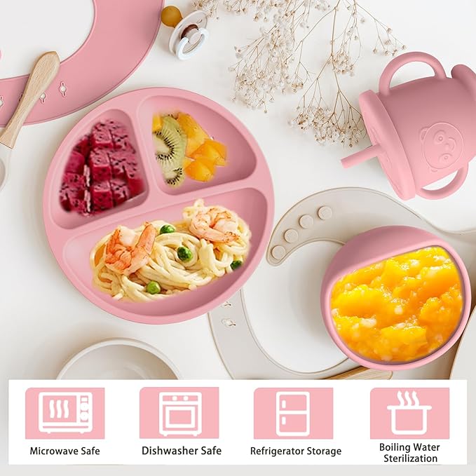 Silicone Baby Feeding Set | Baby Led Weaning Supplies Includes Suction Bowls and Divided Plates, Adjustable Bib, Baby Utensils Spoons and Forks,Cup | Baby Feeding Essentials (Pink)