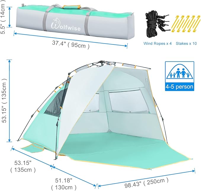 WolfWise Pop Up XL Beach Tent 99" Wide for 4-6 Person UPF 50+ Portable Instant Sun Shelter Canopy Umbrella with Extended Zippered Porch