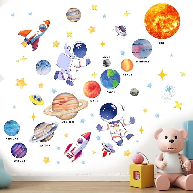 Outer Space Wall Stickers for Kids: Peel and Stick Astronaut Planets Rocket Wall Decals - Wall Art Decor Kids Supplies Ages 1 2 3 4 5 6 7 8 9 10 11 12 Year