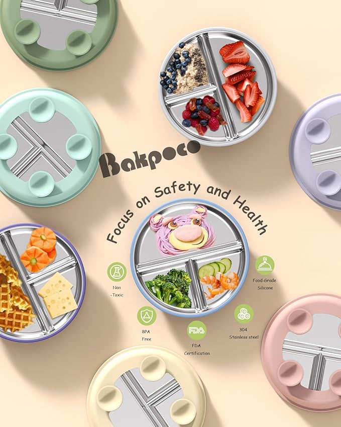 Stainless Steel Toddler Plate with Suction, 8” Divided Plates with Removable Silicone Sleeves for Baby, Non Toxic Unbreakable Kids Snack Dishes Set of 4, Sage Blue Beige Lilac