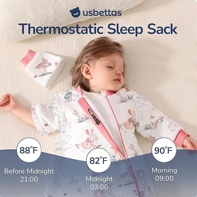 Baby Sleep Sack 12-18 Months, Cotton Detachable Long Sleeve Sleep Sack, 1.0 Tog Toddler Sleeping Sack with Temperature Strips, 2-Way Zipper Wearable Blankets for Newborns, Bunny