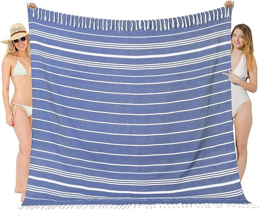 Oversized Turkish Beach Towel Blanket XXL Cotton Sandproof Towels Boho Woven Extra Large Big Sand Free Giant Throw Thick Blankets Huge Quilt XL Picnic Camping Necessities Cloud For Adult Gifts Blue