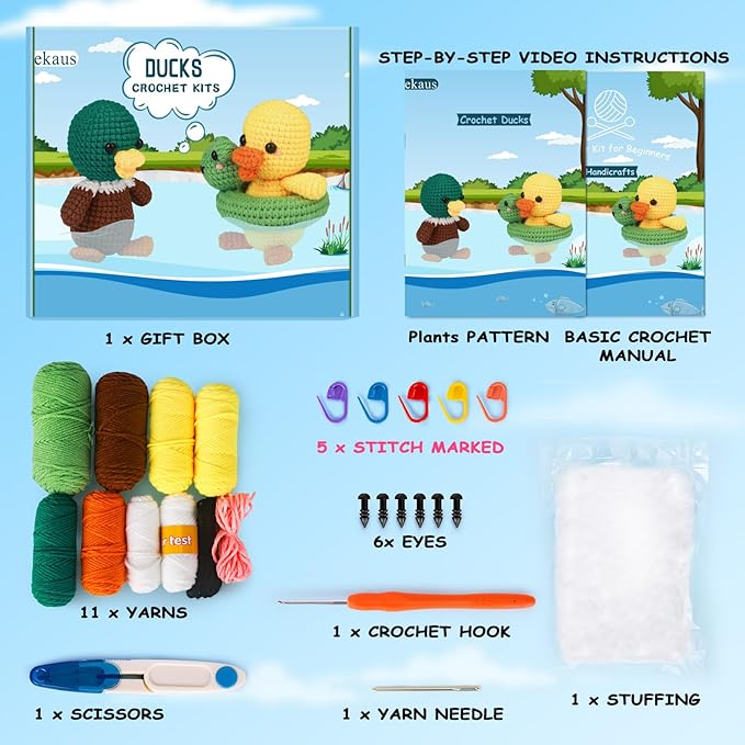 ekaus Crochet Kit for Beginners, Crochet Kit with Step-by-Step Video Tutorials, Crochet DIY Knitting Supplies for Adults Kids, Crochet Ducks(45%+ Yarn)