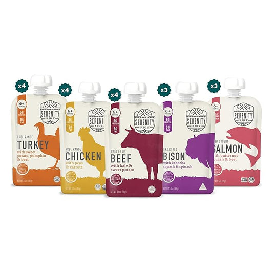 Serenity Kids 6+ Months Ethically Sourced Meat Baby Food Puree Pouches Variety Pack - 18 count (3.5 oz pouches) - No Added Sugar or Sugary Fruits - BPA & Allergen Free Natural Ingredients