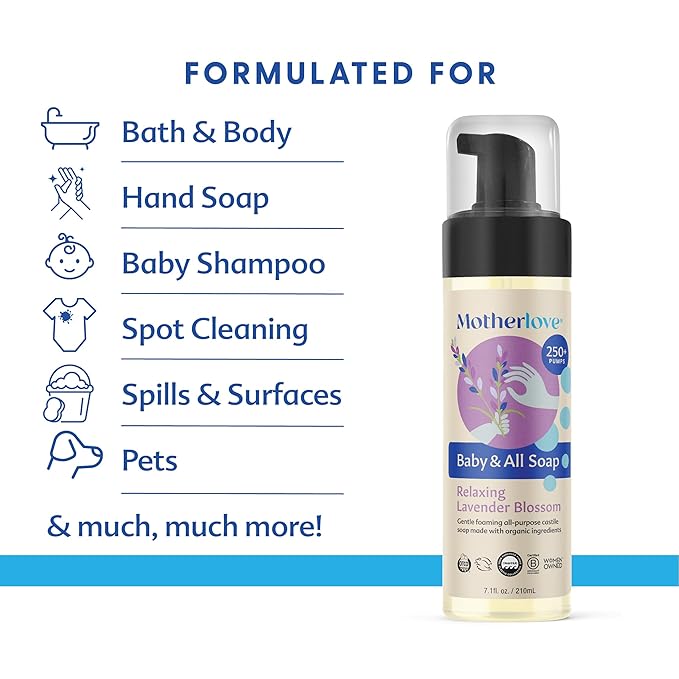 Motherlove Baby & All Soap (2 pack, 7.1 oz) Gentle Foaming All-Purpose Castile Soap Made with Organic Ingredients – Relaxing Lavendar Blossom