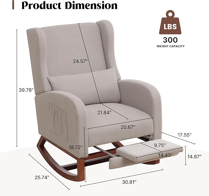 Rocking Chair Nursery, Nursery Rocking Chairs with Foot Rest, Comfy Glider Rocker Nursing Chair with High Back for Nursing, Living Room, Bedroom, Light Grey