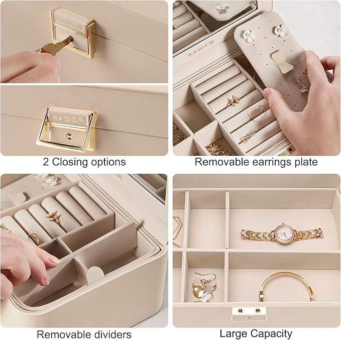 Upgraded Jewelry Box, 2 Layers PU Leather Jewelry Organizer for Women with Lock and Mirror, Hidden Necklace Hook and Removable Divider Large Capacity Travel Jewelry Box Ideal for Gift-With Gift Box