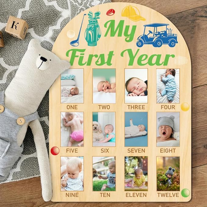 ORIGACH My First Year Baby Growth Photo Display Wood Board - 12 Months Newborn Milestones Photo Board - Neutral Baby Keepsake Frame 1st Birthday Party Nursery Decor New Mom Gift - Golf Element
