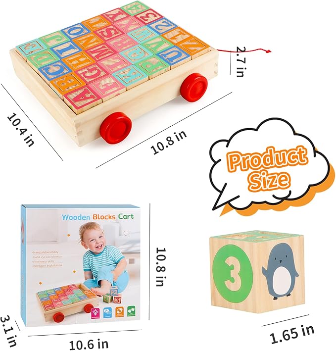 Joqutoys Wooden Building Blocks for Toddlers 1-3, Large Wood Baby Stacking Blocks Set for Kids, 30 PCS Alphabet Blocks with Toy Wagon, Educational Wooden Toys for Boys Girls Gifts 1.65"