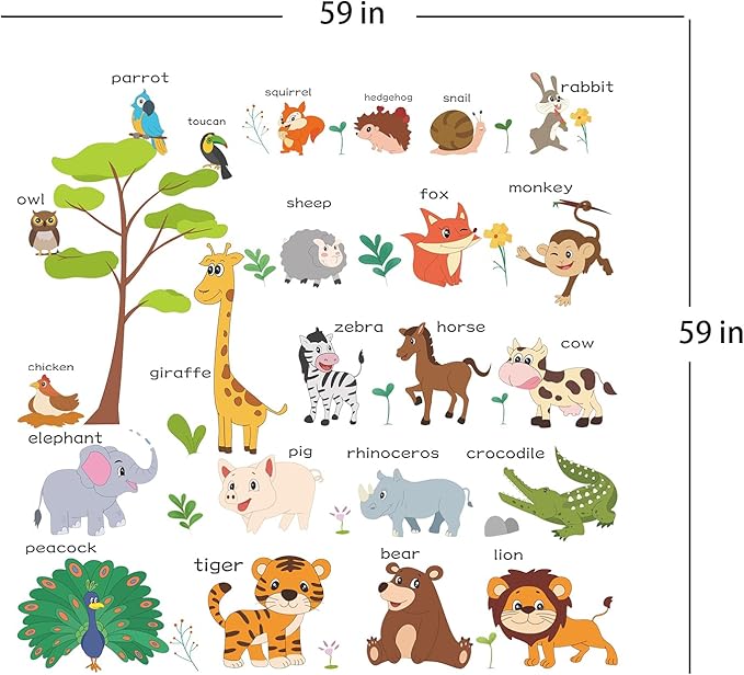 Large Animals Learning Educational Wall Stickers Kids,Nursery Playroom Wall Decals,Daycare Preschool Classroom Wall Stickers Peel and Stick Removable,Cute Wall Decor for Boy,Girl,Toddler,Baby.