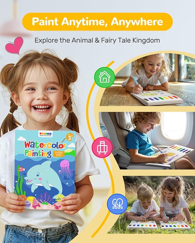 TECJOE Paint with Water Coloring Books for Toddlers, Marine Animal Series Watercolor Set with 3 Brushes, Mess Free Painting Activity for Kids Ages 4 5 6 7 8, Christmas Gifts Arts & Crafts Toy