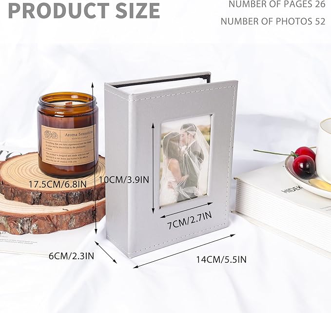 RECUTMS Photo Album 4x6 Photos - 52 Photos Small Mini Capacity Premium Leather Cover, Photo Album for Family Wedding Anniversary Vacation Traveling (Silver)