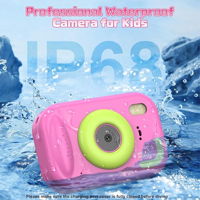 Kids Camera Waterproof, IP68 Underwater Camera for Kids Aged 3-12, HD Kids Digital Camera with 1080P Video Recording, Durable ABS Material, Pool Toys for Boys Girls with 32GB Card (Pink)
