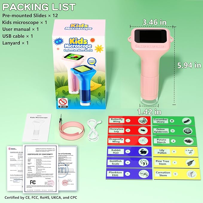 Microscope for Kids with 12 Slides, 100X-1000X 1080P Digital Handheld Kids Microscope, Mini Portable Pocket Miniscope Science Toys Gifts for 3+ 4 5 6 7 8 9 10 11 12 Year Old Boys Girls, Pink