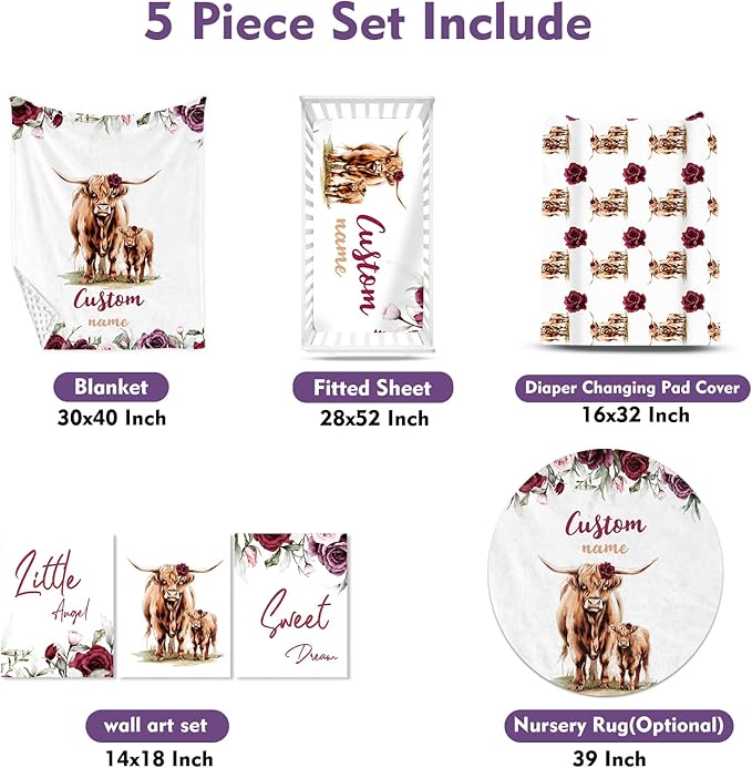 Personalized Nursery Crib Bedding Set: Custom Name 5 Piece Baby Crib Sets with Rose Highland Cow Pattern - Toddler Double Layer Blanket Set, Comfortable Crib Bed Sheets for Baby Grils