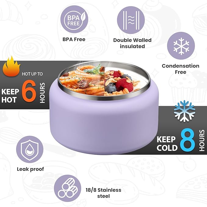 Soup Thermo for Hot Food Kids 13.5oz Lunch Containers with Buckle Lid Wide Mouth Hot Food Jar Vacuum Insulated Stainless Steel Bento Box Leakproof with Spoon(Purple)