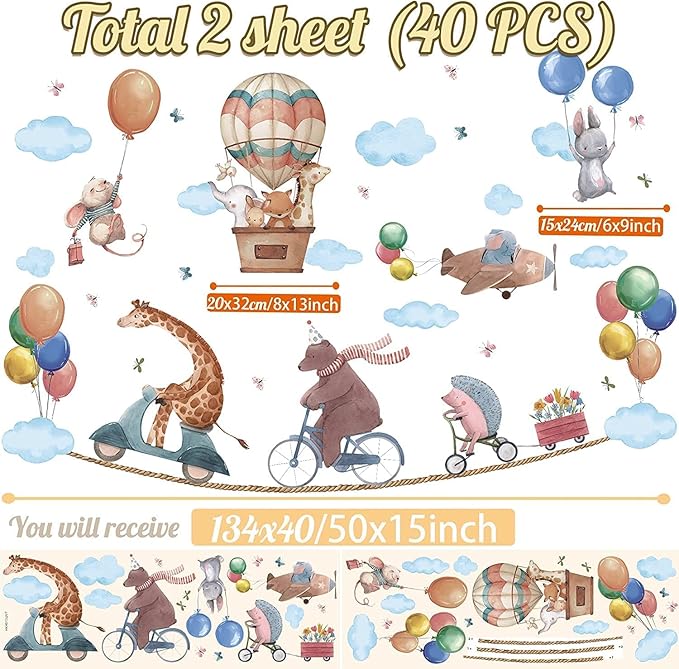 TOARTi Jungle & Woodland Animals Wall Decals - Hot Air Balloon & Elephant Giraffe Rabbit Wall Art Stickers for Baby & Kids Room Decoration