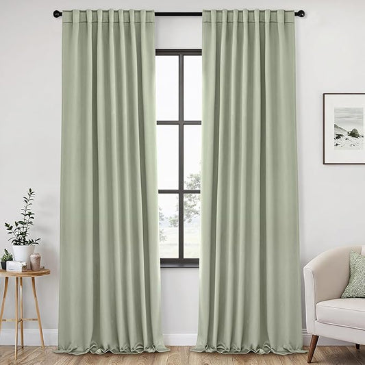 ANRODUO Sage Green Room Darkening Curtains 96 Inch Long Thermal Insulated Black Out Drapes with Hooks, Rings, Clips Light Blocking Soundproof Soft Curtains for Bedroom Panels