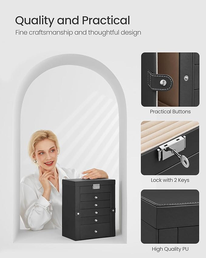 SONGMICS 6 Tier Jewelry Box, Jewelry Storage Organizer with 5 Drawers, Large Storage Capacity, with Mirror, Lockable, Jewelry Case, Gift for Loved Ones, For Watches, Black UJBC152B01