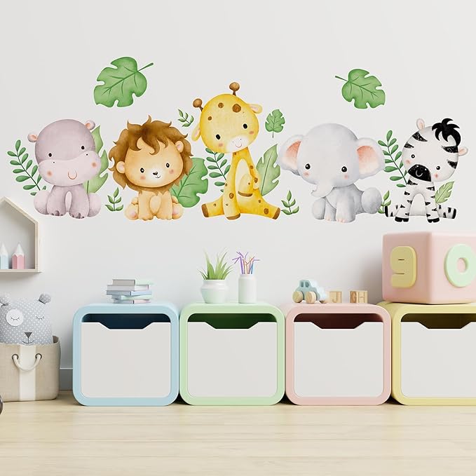 Watercolor Animal Wall Decals Giraffe Elephant Lion Hippo Zebra Wall Stickers Removable Cartoon Animal Wall Decals Decor for Baby Nursery Playroom Bedroom Classroom Kindergarten