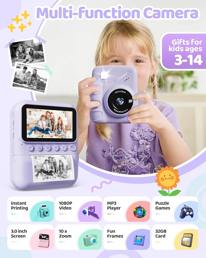 Kids Camera Instant Print for Girls Ages 3-14, 3-inch HD Screen Camera for Kids with Printing Paper, 1080P Digital Toddler Toys for 4 5 6 7 8 9 10 11 12 Years Old (Purple)