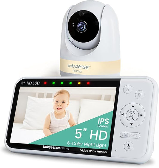 Babysense Prisma Baby Monitor with Camera and Audio, 5” HD Video Baby Monitor, 6-Color Night Light, Split Screen, Baby Sound Machine with White Noise & Lullabies, Secure No WiFi