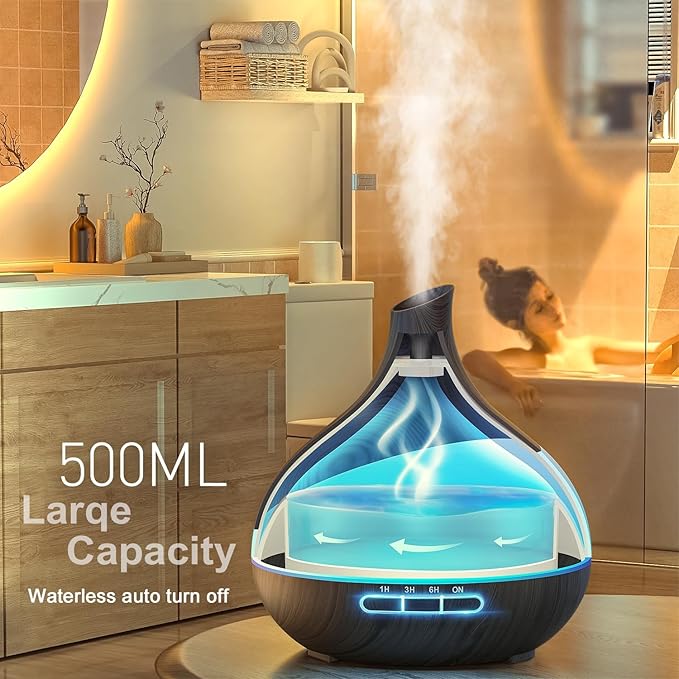 500ML Essential Oil Diffuser: Aroma Diffuser with Remote Control for Hotel Spa Yoga Room - Humidifiers for Bedroom with 14 Colors LED Night Light for Kids/Women Home Relaxation