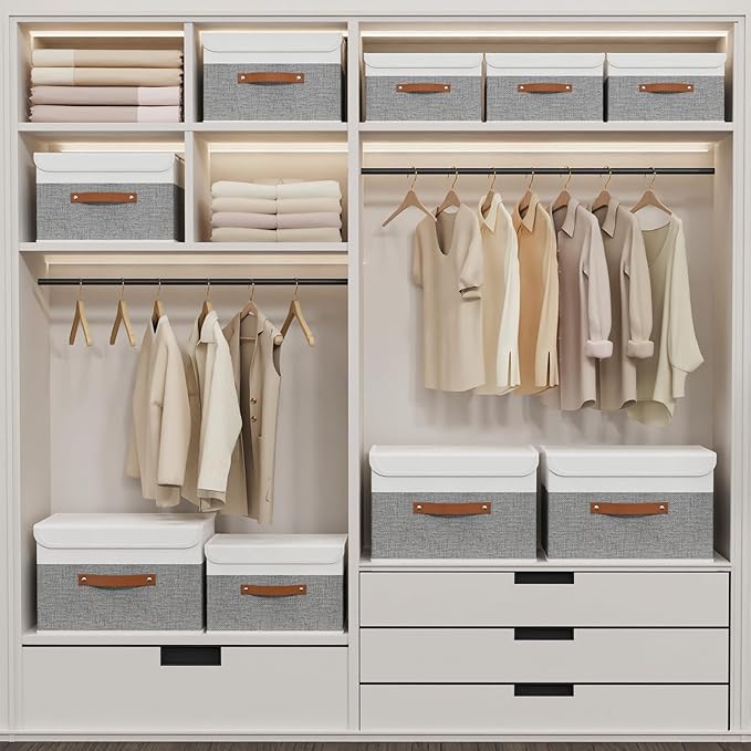 Yawinhe Storage Bins with Lids, Fabric Foldable Boxes, Washable and Leather Handle, Cube Organizer Basket for Home, Closet, White/Grey, 17.7''Lx11.8''Wx11.8''H, 7-Pack, USNK024WGX-7